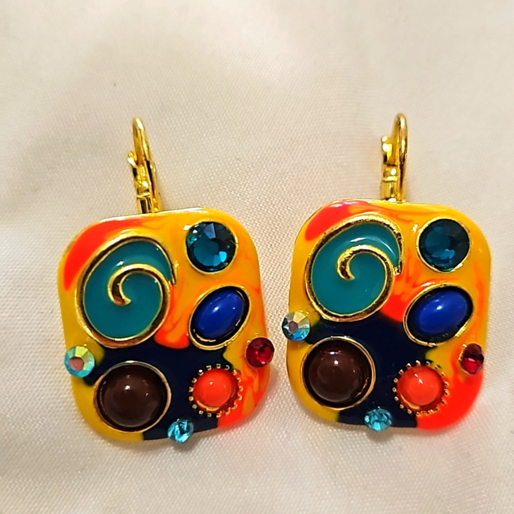 Retro 1980s Enamel & Rhinestone Handmade Earrings